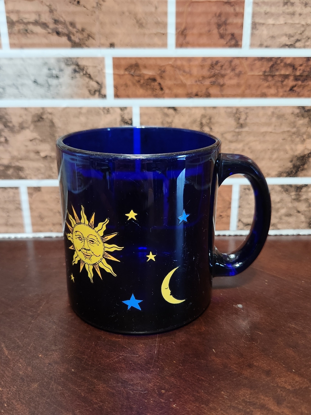 Cobalt Blue Glass Mug with Yellow Sun & Moon Motif - Picture 1 of 5